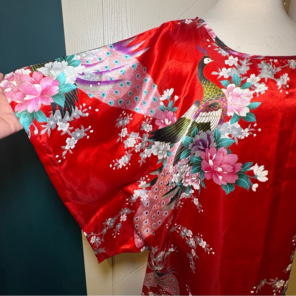 Cool Art Red Satin Kaftan Loungewear Peacock Floral Kimono Maxi Dress Boho Mumu - Picture 3 of 8
